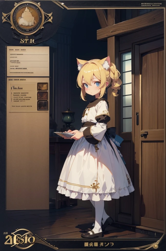 line-art, art book, design sheet, 8k, best quality, design, equipment design, geometry, fashion, 8k, ultra-detailed, fantasy villager girl, anime girl, blonde hair, cat girl, cat ears, tail, peasant girl, thin girl