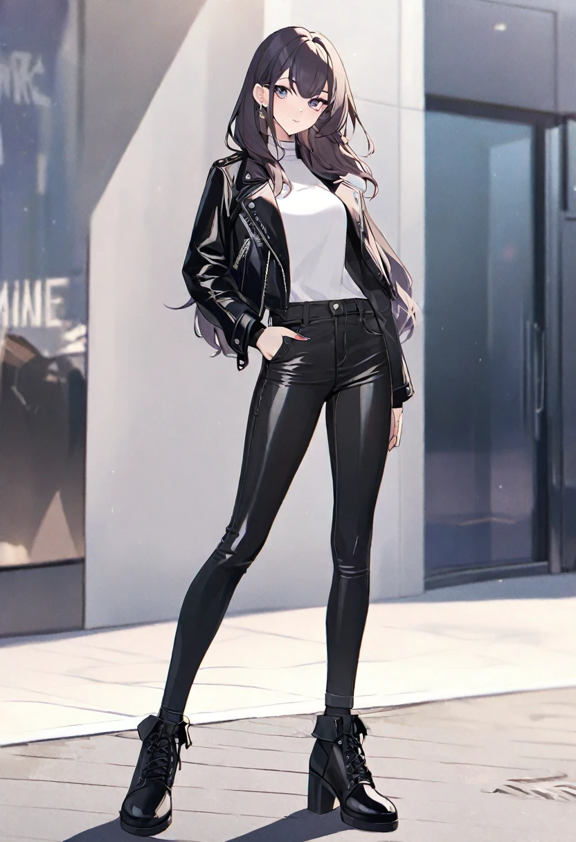 Imagine a fashionable girl in a sleek leather jacket, skinny jeans, and ankle boots.