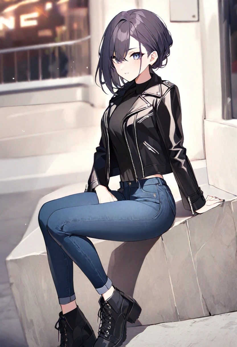 Imagine a fashionable girl in a sleek leather jacket, skinny jeans, and ankle boots.