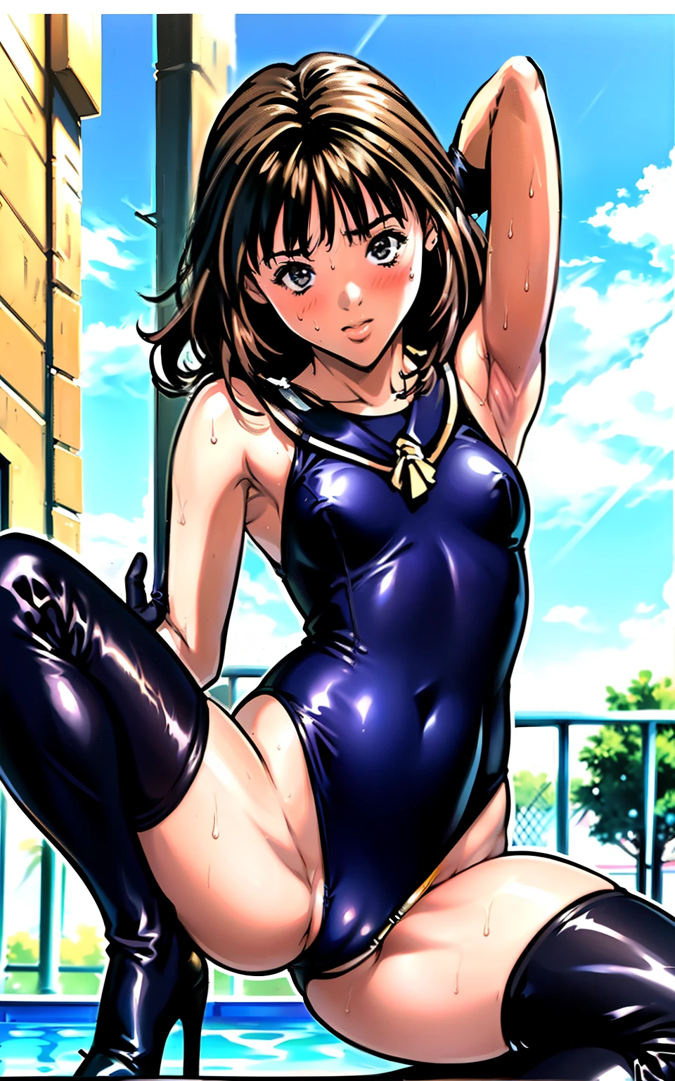 ((Outdoor Poolside at School)), (((Arms behind head))),  ((Show off your armpits))､(camel toe:1.4)、(((long gloves:1.3)))、black thighhigh boots､((Stiletto heels))、black calf length socks、Open your thighs wide to the left and right､squat on the ground、show off your crotch to the viewer, ((black latex old school swimwear:1.3、sit, spread your legs:1.3, arm behind head ))、、absurdists、bob hayne hair、flat lighting、elevation angle、sexy pose、highest quality、complex、surreal、perspective, very detailed, detailed background, shape、1 girl、alone、small breasts, Embarrassing, blush, (Sweat), 
