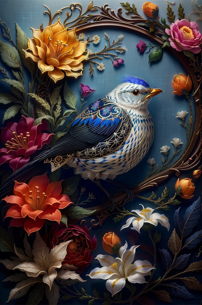 nightingale, needle point, tapeçaria de seda, embroidered, fabric, Eccentric, needle point flower background, beautiful lighting, details Intricate, engine unreal, creative, Expressive, detailded, colorfully, digitl art, hardware*