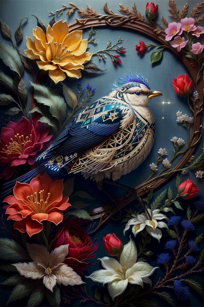 nightingale, needle point, tapeçaria de seda, embroidered, fabric, Eccentric, needle point flower background, beautiful lighting, details Intricate, engine unreal, creative, Expressive, detailded, colorfully, digitl art, hardware*