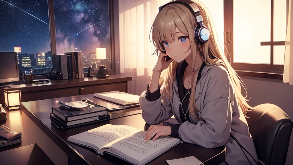 A beautiful girl studying while listening to music with headphones in the room, warm lighting, the starry sky spreads outside the room, Japanese anime style