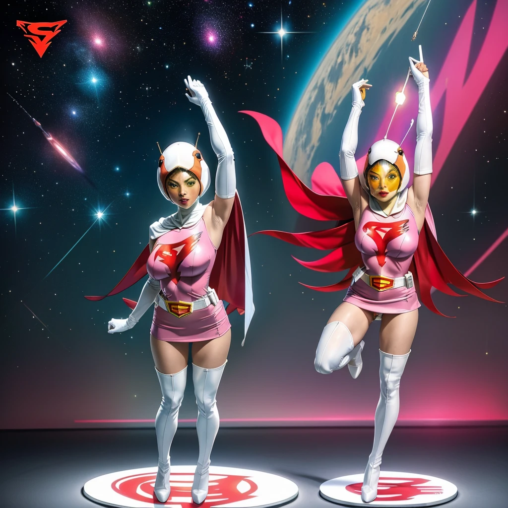 ANI_CLASSIC_jun_gatchaman_ownwaifu,1girl, 15 years old,good anatomy, masterpiece, best quality,realistic, hyperrealistic, 16k hdr,breasts,green eyes,lips,large breasts,lipstick,makeup,gloves,cape,helmet,belt,elbow gloves,white gloves,mask,ultra miniskirt,leotard,spacesuit,white tight overknee highheels boots,pink dress,superhero,bodysuit,cleavage,erected nipples,((standing pose,spread legs, arms up straight)),cameltoe