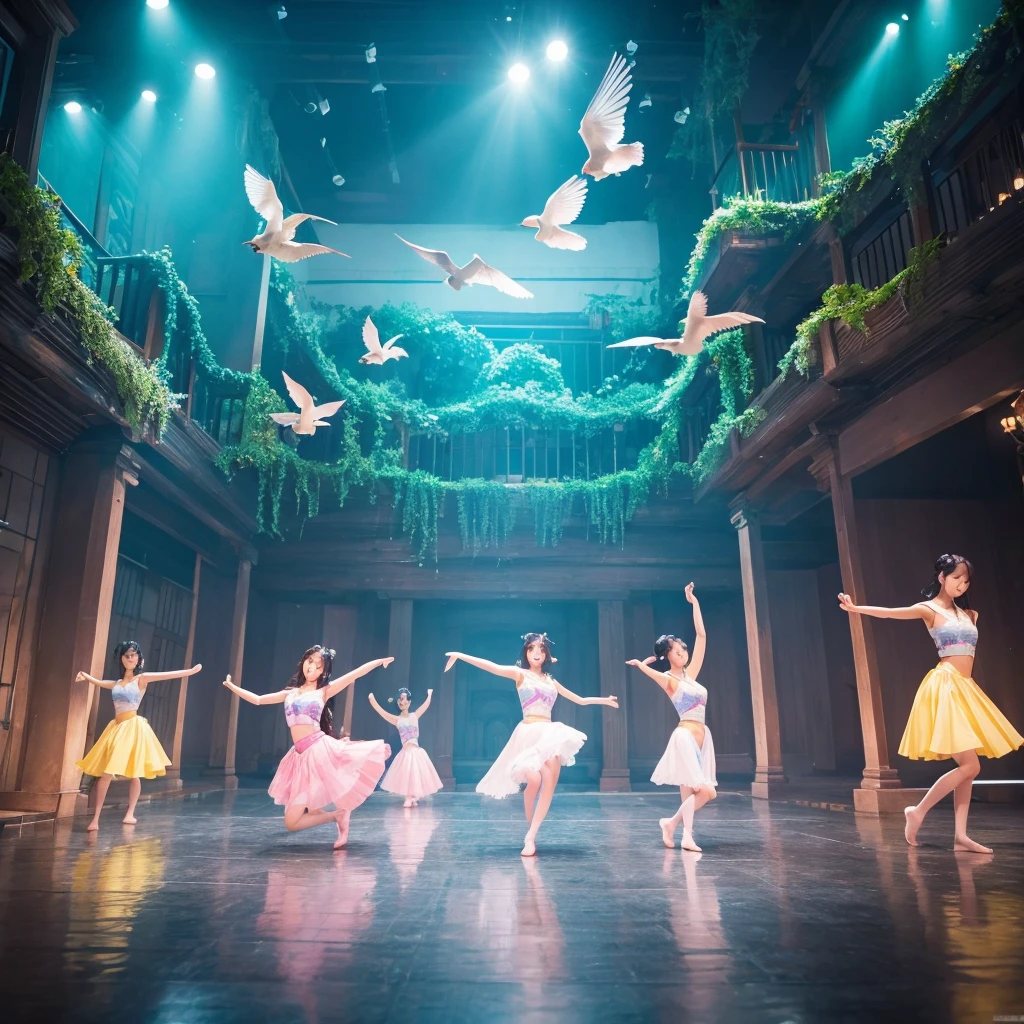 「Three Korean beauties perform synchronized dance、Surreal and dreamlike environments。The scene captures their choreography with bird's-eye views and wide shots.、It's harmonious and smooth。The lighting is blue and purple、It enhances the dreamlike atmosphere of this scene.。」