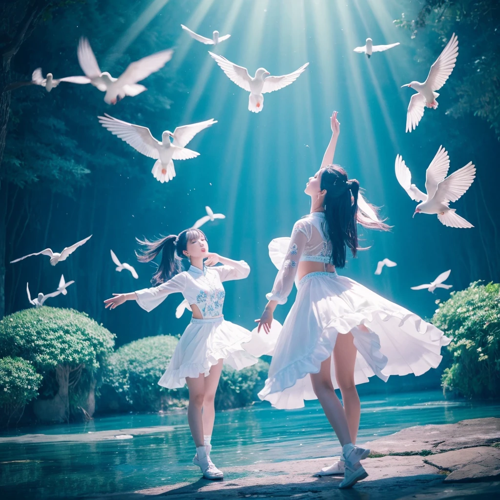 「Three Korean beauties perform synchronized dance、Surreal and dreamlike environments。The scene captures their choreography with bird's-eye views and wide shots.、It's harmonious and smooth。The lighting is blue and purple、It enhances the dreamlike atmosphere of this scene.。」