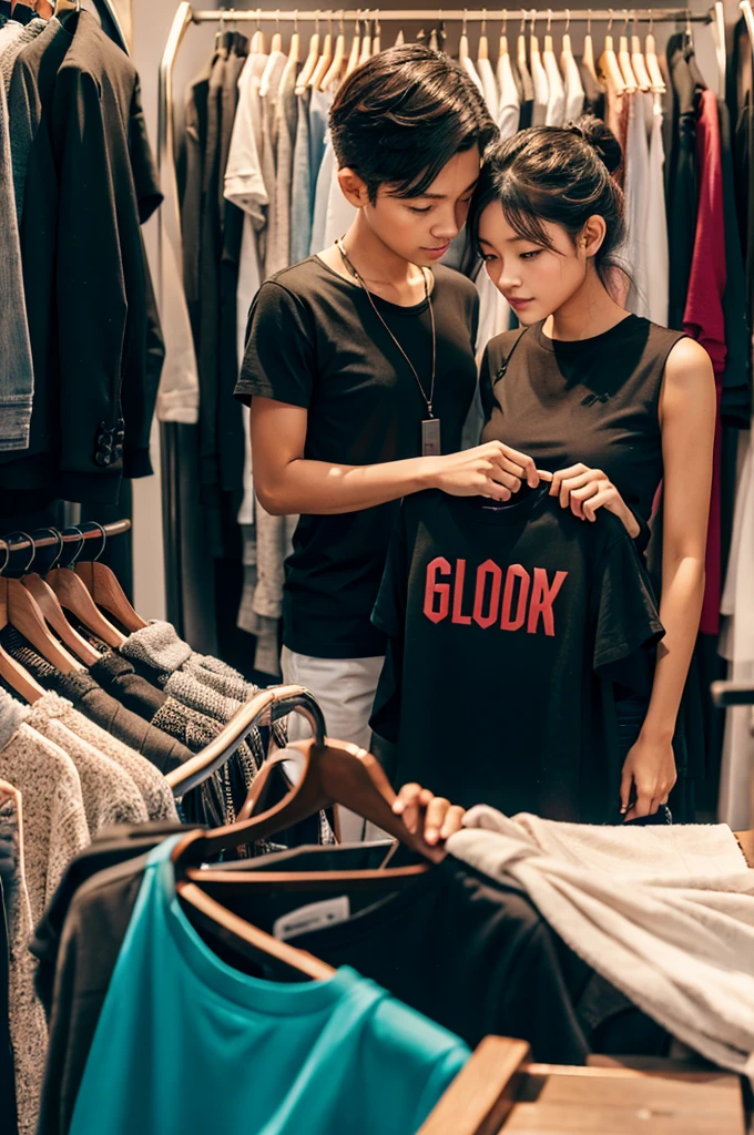 clothes in the background and two people in front with a clothing business models AND LET THEM HAVE THE WORD OF: GOLDAYO
