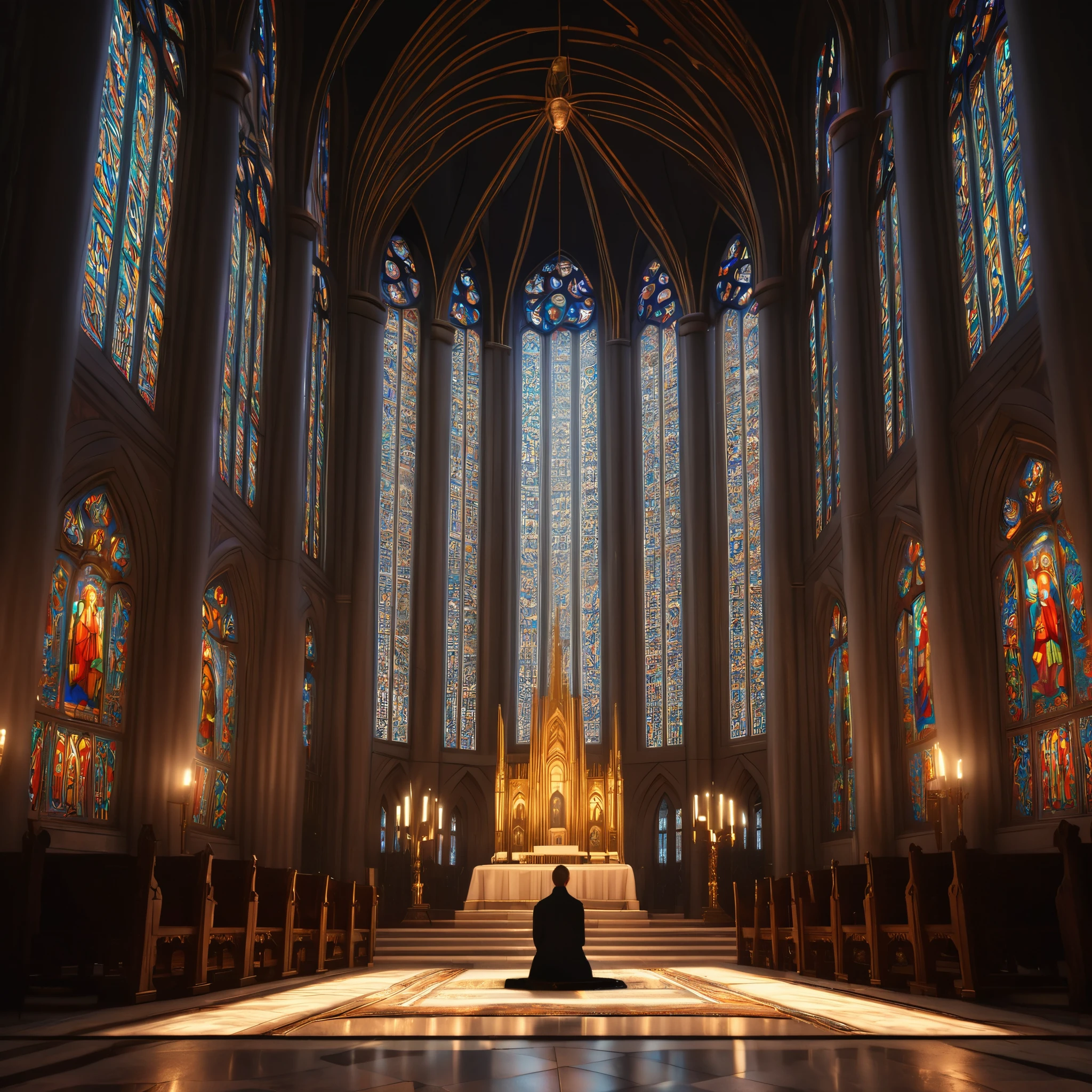 A person praying in a sacred cathedral interior, ornate architectural details, stained glass windows, warm lighting, religious iconography, divine light beams, heavenly atmosphere, cinematic composition, realistic 3D rendering, dramatic chiaroscuro lighting, intricate details, photorealistic, ultra-detailed, masterpiece