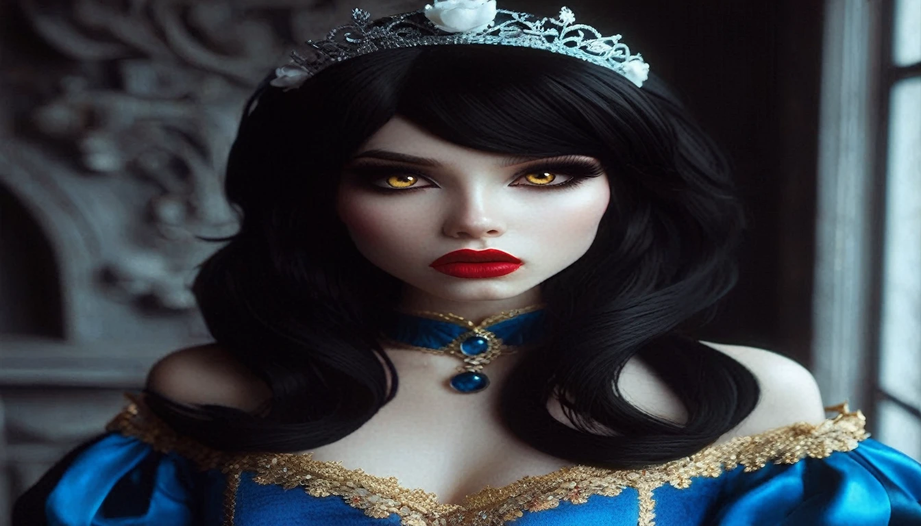 (((medieval style))), image of a princess in a blue dress suffocating, Bill Henson, wearing a super tight corset with bleeding lips, super detailed golden eyes, blood red lips, black hair, super detailed 4k, graphics engine Unreal 5