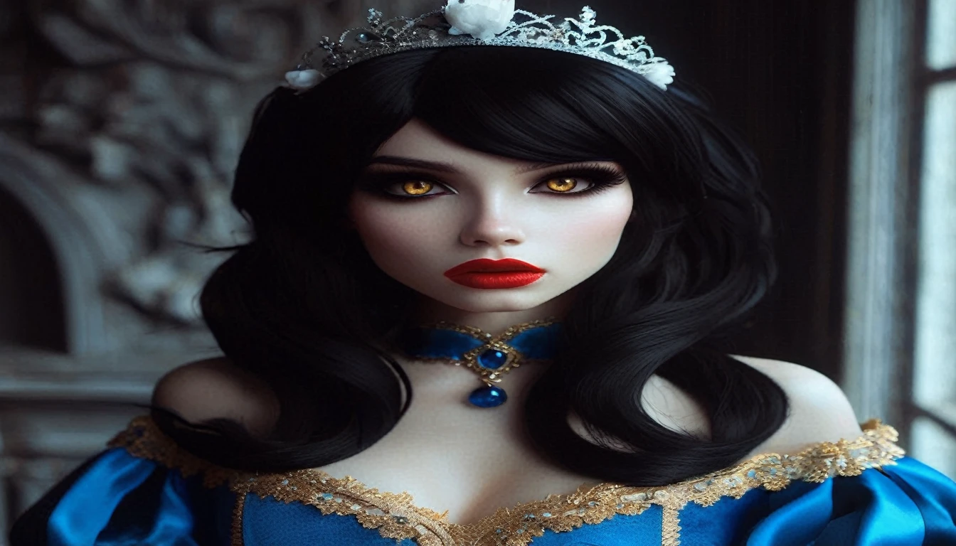 (((medieval style))), image of a princess in a blue dress suffocating, Bill Henson, wearing a super tight corset with bleeding lips, super detailed golden eyes, blood red lips, black hair, super detailed 4k, graphics engine Unreal 5