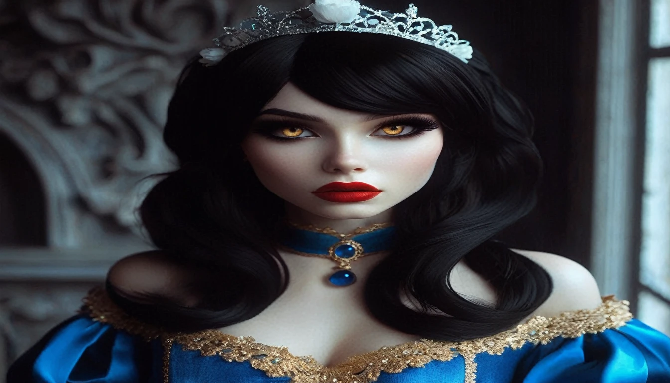 (((medieval style))), image of a princess in a blue dress suffocating, Bill Henson, wearing a super tight corset with bleeding lips, super detailed golden eyes, blood red lips, black hair, super detailed 4k, graphics engine Unreal 5