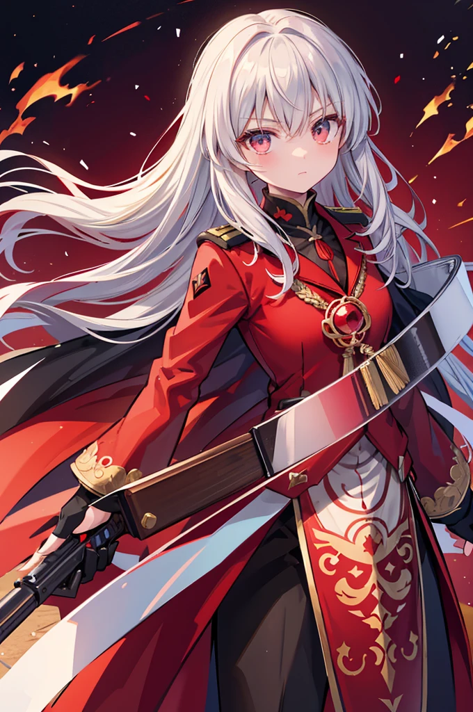 a close up of a person in a uniform holding a gun, red uniform, anime style like fate/stay night, anime moe artstyle, rin tohsaka, wearing a red captain's uniform, keqing from genshin impact, beautiful androgynous prince, detailed anime character art, high quality anime artstyle, anime boy with long hair, gray undershirt, red tuxedo suit with silver and black highlights, suit with red and silver flame shaped cloak