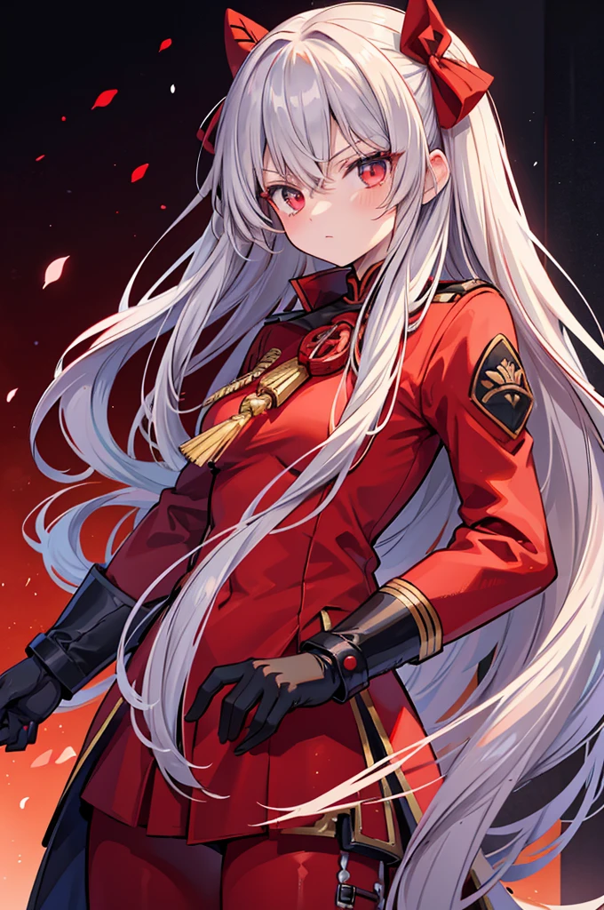a close up of a person in a uniform holding a gun, red uniform, anime style like fate/stay night, anime moe artstyle, rin tohsaka, wearing a red captain's uniform, keqing from genshin impact, beautiful androgynous prince, detailed anime character art, high quality anime artstyle, anime boy with long hair, gray undershirt, red tuxedo suit with silver and black highlights, suit with red and silver flame shaped cloak