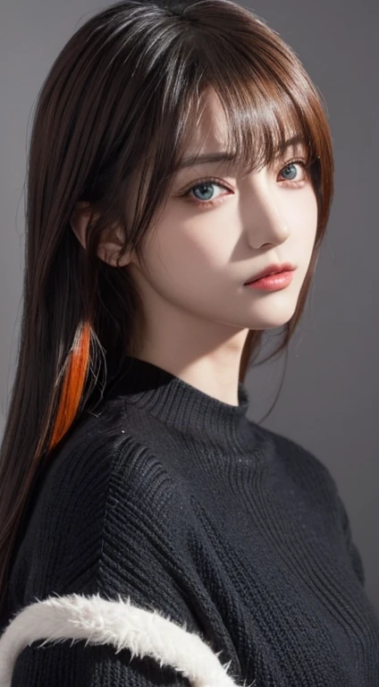 masterpiece, 1 beautiful girls, detaileds, Swollen eyes, top-quality, 超A high resolution, (Reality: 1.4), OriginalPhotographs, 1girl in, light, (A smile:0.6), japanes, Asian Beauty, Korean, Proper, very extremely beautiful, Slightly younger face, Beautiful skins,orange color hair、long hair, Slender big, Black sweater、cyberpunk backgrouns, (A hyper-realistic), (illustratio), (hight resolution), (8K), (ighly detailed), (The best illustrations), (beautifully detailed eyes), (Ultra-detail), (wall-paper), (Detailed face), looking at the viewers, fine detailed, A detailed face、deep-shadows、Unobtrusive、pureerosfaceace_v1、46-point diagonal bangs、Facing straight ahead、Neat Clothing、Black colored eyes、