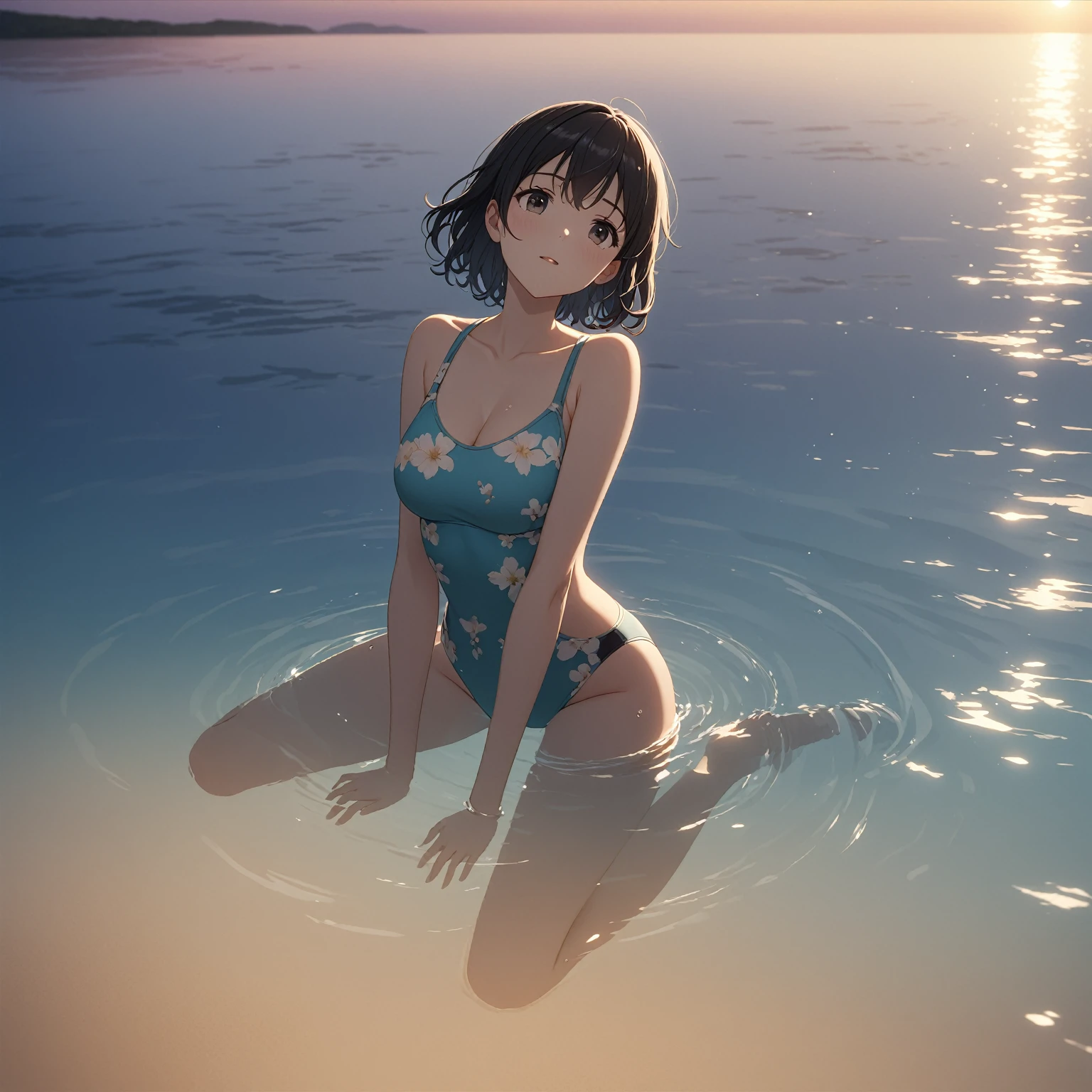1girl、afloat、Black Hair、Swimwear、Ocean、evening、Reflection on the water、deep faint light 、 detailed CG、high resolution