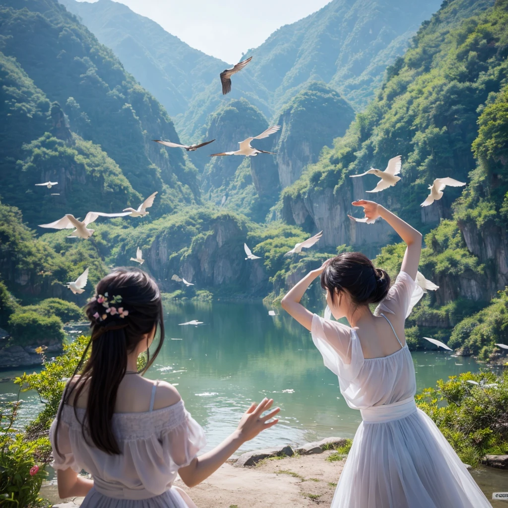 「Three Korean beauties perform synchronized dance、Surreal and dreamlike environments。The scene captures their choreography with bird's-eye views and wide shots.、It's harmonious and smooth。The lighting is blue and purple、It enhances the dreamlike atmosphere of this scene.。」