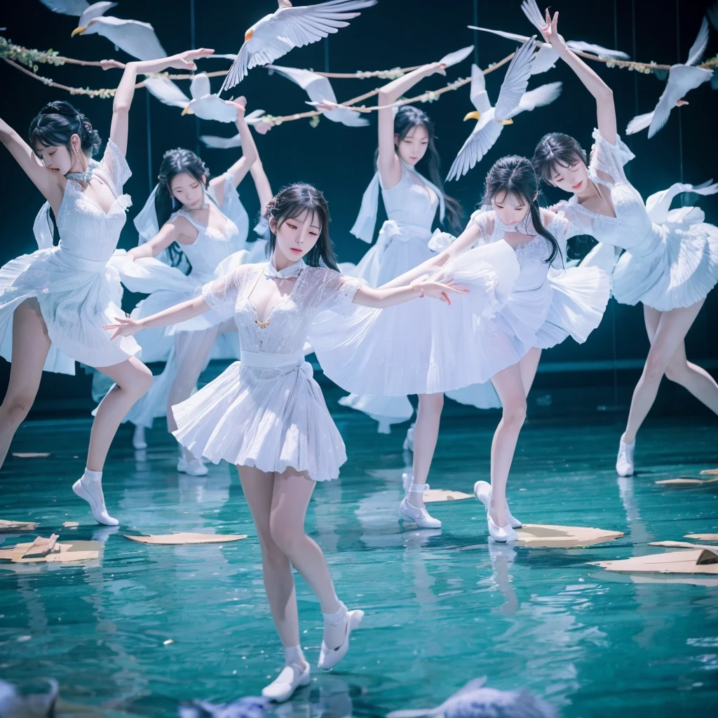 「Three Korean beauties perform synchronized dance、Surreal and dreamlike environments。The scene captures their choreography with bird's-eye views and wide shots.、It's harmonious and smooth。The lighting is blue and purple、It enhances the dreamlike atmosphere of this scene.。」
