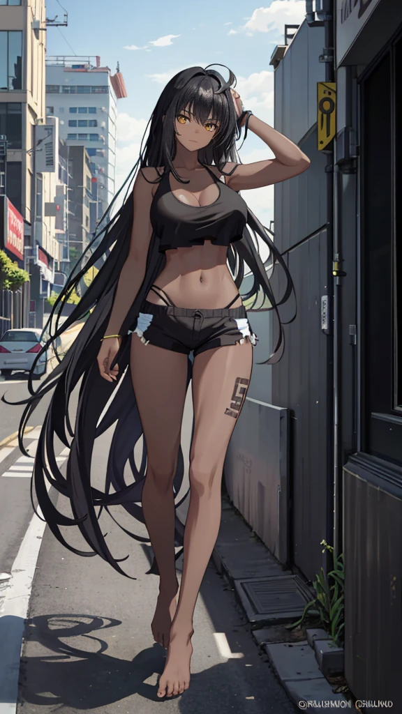 Masterpiece, best quality, high resolution, 1 woman, Karin , black skin , black hair , yellow eyes , black tank top , underwear , abdomen , big breasts, Long legs , Barefoot , stand on your hips , roadside , city