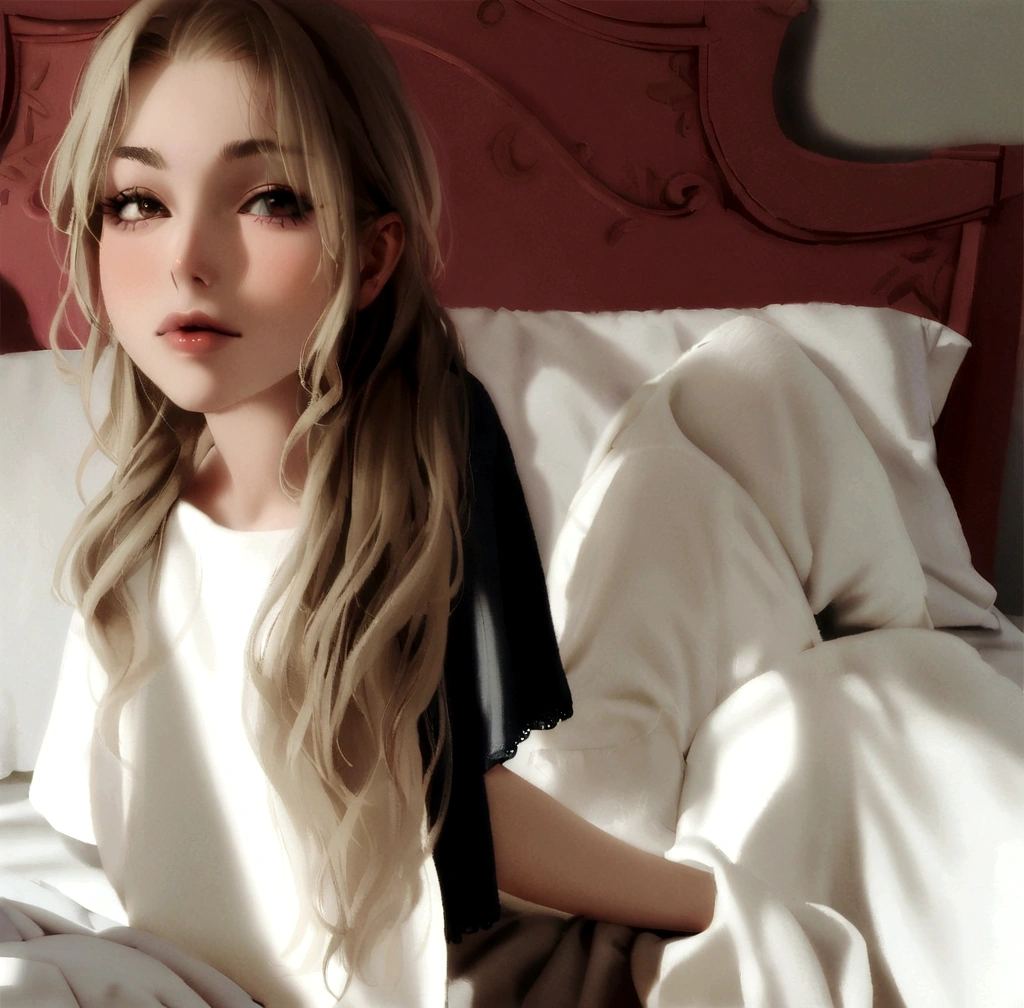 mujer rubia con pelo largo sentada in bed con sábanas blancas, posando in bed, posing in a bedroom, Charli Bowater, sitting on a bed, Imogen Poots, sitting on her bed, sitting in bed, portrait of kim petras, in bed, poppy, miranda cosgrove, while posing in the same bed, in my bed