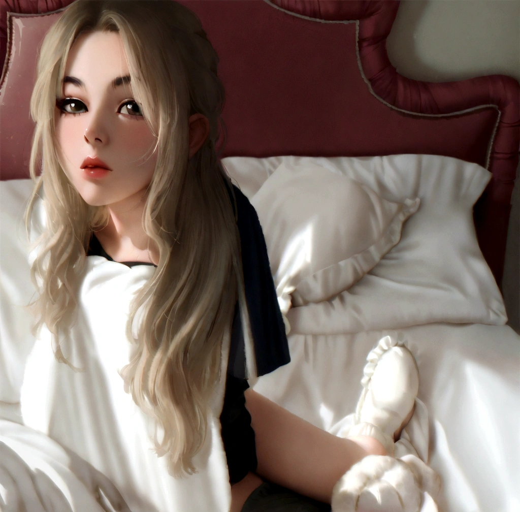 mujer rubia con pelo largo sentada in bed con sábanas blancas, posando in bed, posing in a bedroom, Charli Bowater, sitting on a bed, Imogen Poots, sitting on her bed, sitting in bed, portrait of kim petras, in bed, poppy, miranda cosgrove, while posing in the same bed, in my bed