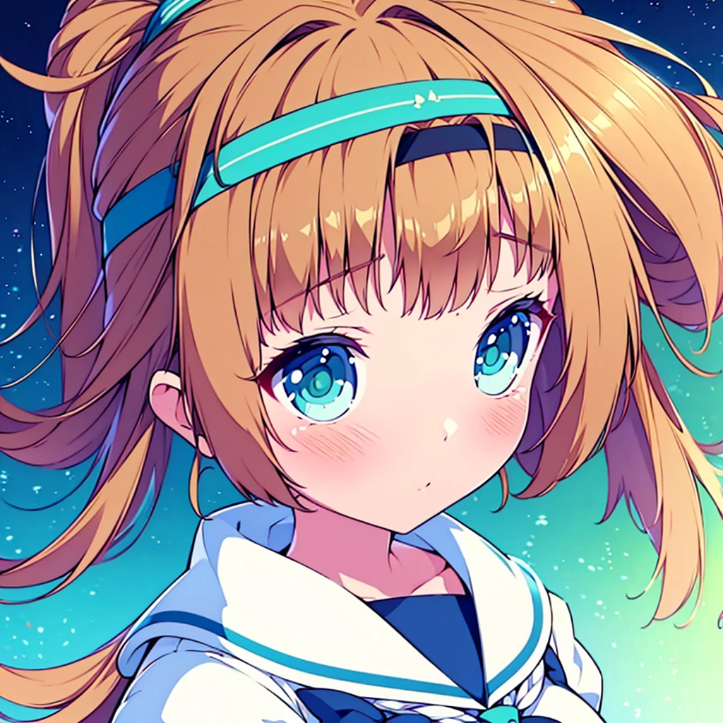 (best quality,4k,highres),ultra-detailed,realistic,portraits,green eyes, long brown hair,anime style,futuristic,Y2K aesthetic,ribbon headband,small breast,futuristic sailor lolita dress,puffy sleeves,white and blue,colorful lighting. Full body