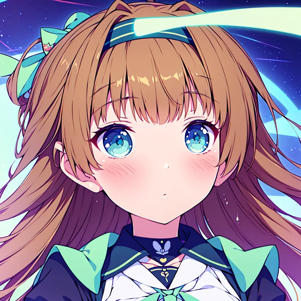 (best quality,4k,highres),ultra-detailed,realistic,portraits,green eyes, long brown hair,anime style,futuristic,Y2K aesthetic,ribbon headband,small breast,futuristic sailor lolita dress,puffy sleeves,white and blue,colorful lighting. Full body