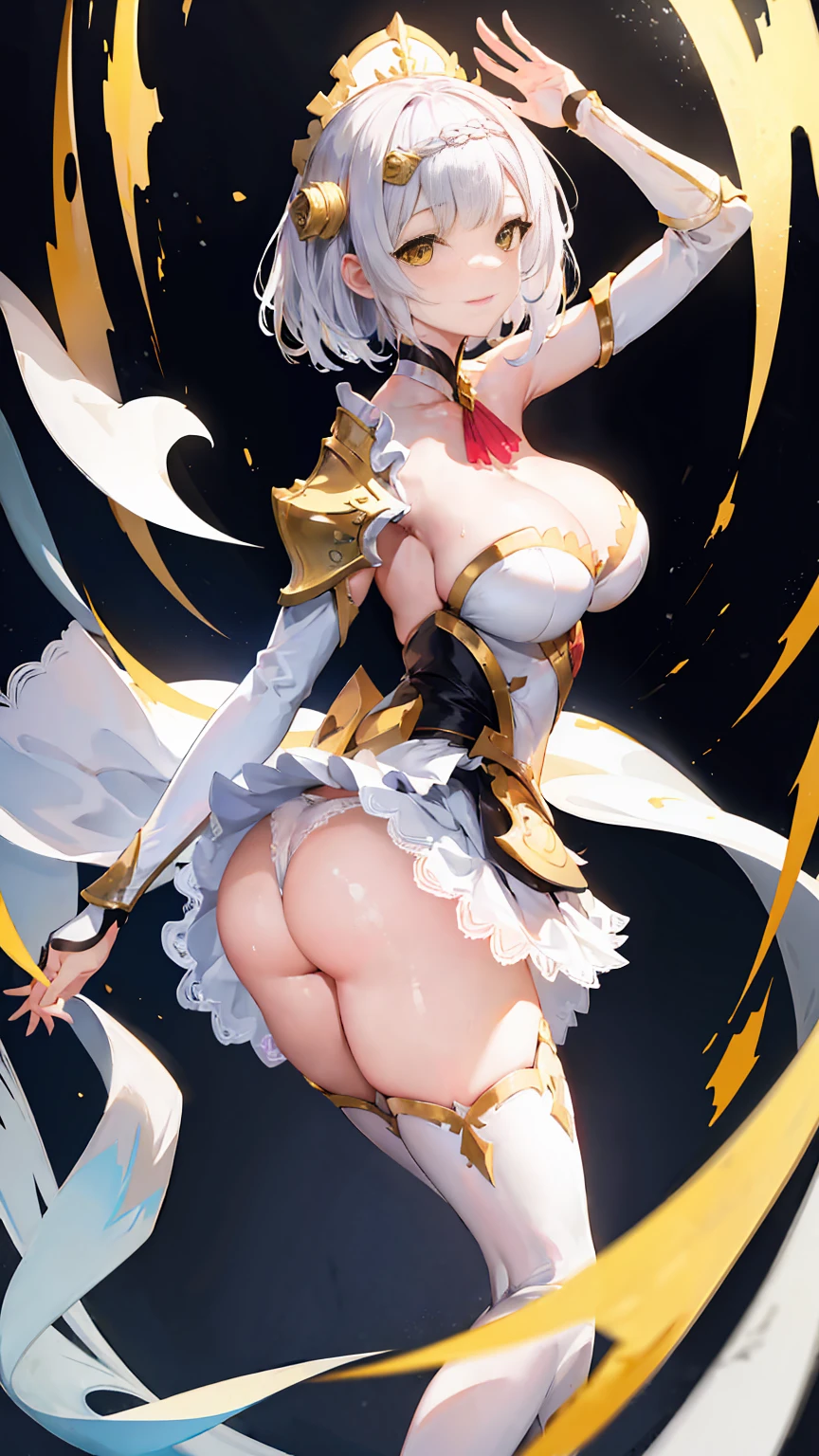 Noelle, short white hair, yellow eyes, happy, cute smile, hight details, big breasts, big ass, happy, wet white lace panties, armored, Long skirt, grab ass, spread ass.