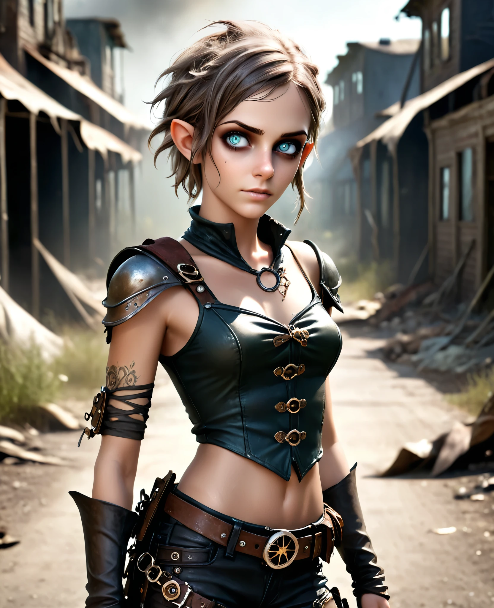 cute elf, (teenage elf with extremely cute eyes)), (((elf))), ((((high resolution))), (((extremely detailed))), ((masterpiece)), dramatic shadows, depth of field, analog photo style, (world in which are collide steampunk and postapocalyptic vibes), postapocalyptic cute female in steampunk aesthetic, torn dirty clothes, depth of field, full body shot, unzoomed, (perfect body: 1.4), (sidecut short hairstyle), (stalking is quite common, although not the best way to make a living), stylized atmosphere of unreality, dark atmosphere, dynamic pose, in motion, Armageddon, increase cinematic lighting, highly lifelike skin texture, parted lips, weary eyes, fine eyes, whitened skin, random hair colour, doomsday aura, (Mad Max world), (The Walking Dead world)