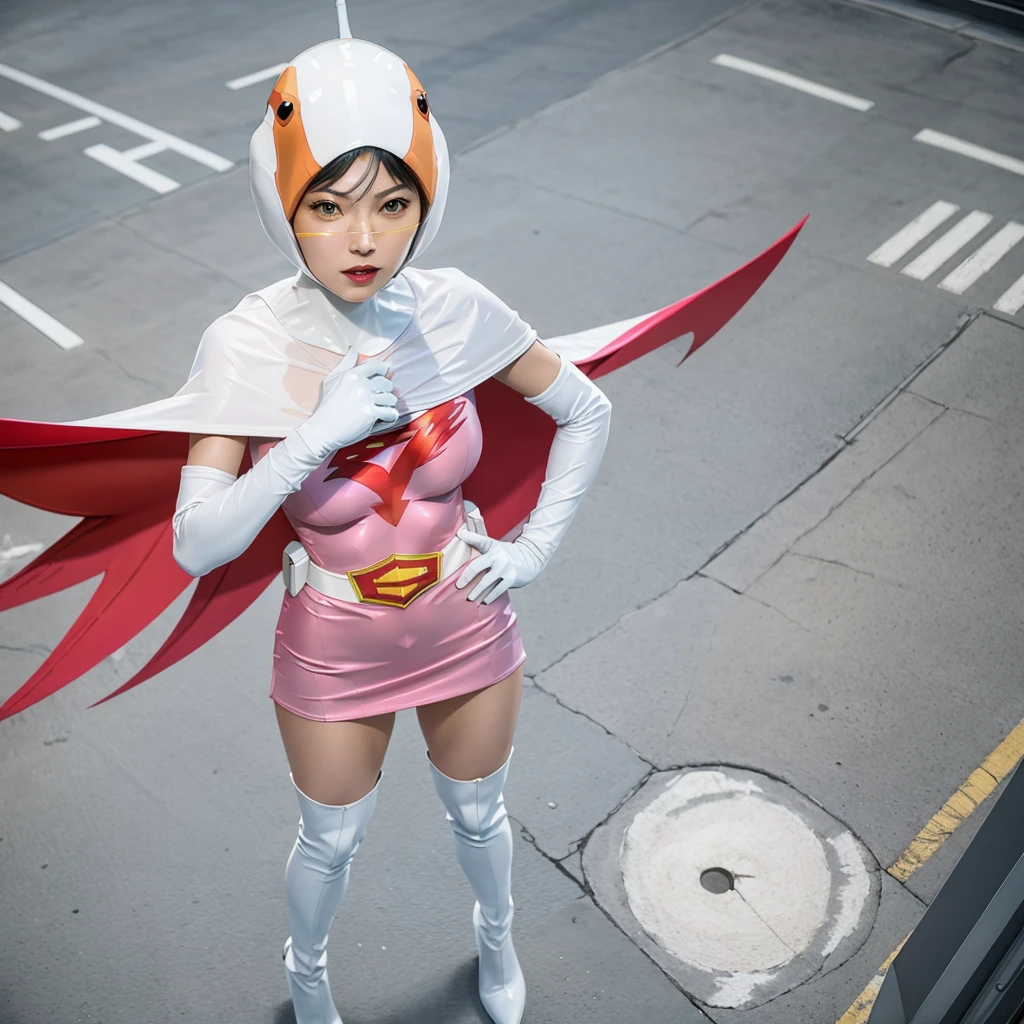 ANI_CLASSIC_jun_gatchaman_ownwaifu,1girl, 15 years old,good anatomy, masterpiece, best quality,realistic, hyperrealistic, 16k hdr,breasts,green eyes,lips,large breasts,lipstick,makeup,gloves,cape,helmet,belt,elbow gloves,white gloves,mask,ultra miniskirt,leotard,spacesuit,white tight overknee highheels boots,pink dress,superhero,bodysuit,cleavage,erected nipples,((stand poses,hands on hip)),cameltoe
