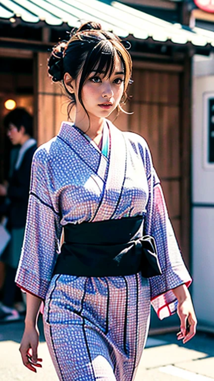 a beautiful young woman in a traditional japanese yukata walking down a street in tokyo, japan with japanese signs and shop fronts, highly detailed, 4k, photorealistic, warm lighting, vibrant colors, beautiful detailed eyes, beautiful detailed lips, extremely detailed face, long eyelashes, cinematic, masterpiece, 4k, ultra realistic, beautiful landscape