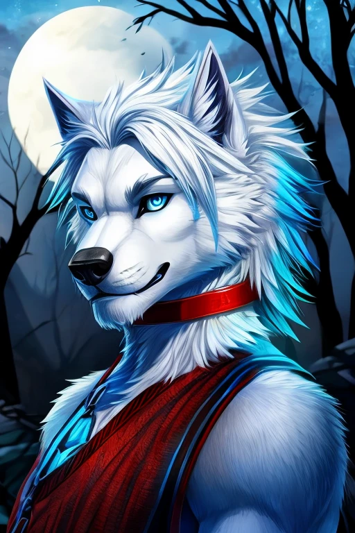 werewolf, with all white fur, white hair with blue highlights, blue eyes, with blue tail,
with a red collar