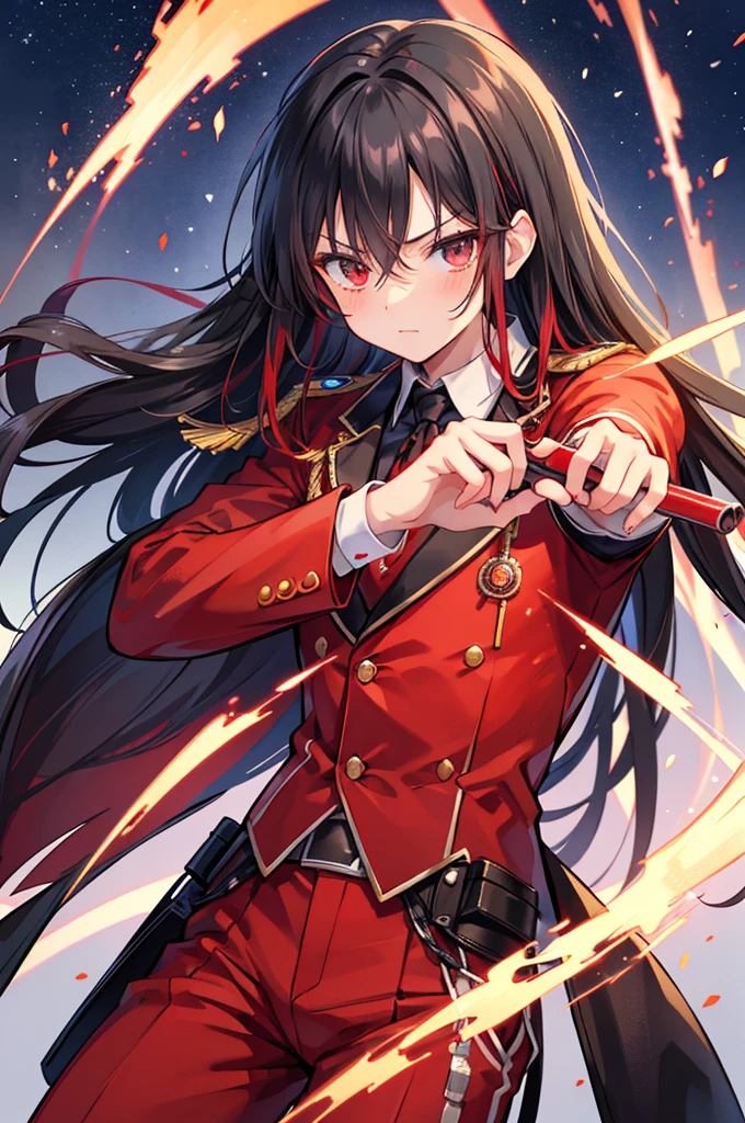 a close up of a teen boy in a uniform holding a gun, red uniform, anime style, anime moe artstyle, wearing a red captain's uniform, handsome androgynous prince, detailed anime character art, high quality anime artstyle, anime boy with long hair, gray undershirt, red tuxedo suit with silver and black highlights, suit with red and silver flame shaped cloak, anime boy in a red suit pointing at the camera, anime cover, anime style like fate/stay night, hijikata toushirou, by Jin Homura, handsome anime pose, yandere, yandere. tall, anime visual of a cute girl, inspired by Munakata Shikō, anime moe artstyle, black hair with red tips, long hair, heterochromia left is red, right is bright yellow