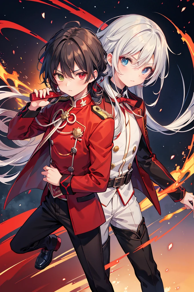 a close up of a teen boy in a uniform holding a gun, red uniform, anime style, anime moe artstyle, wearing a red captain's uniform, handsome androgynous prince, detailed anime character art, high quality anime artstyle, anime boy with long hair, gray undershirt, red tuxedo suit with silver and black highlights, suit with red and silver flame shaped cloak, anime boy in a red suit pointing at the camera, anime cover, anime style like fate/stay night, hijikata toushirou, by Jin Homura, handsome anime pose, yandere, yandere. tall, anime visual of a cute girl, inspired by Munakata Shikō, anime moe artstyle, black hair with red tips, long hair, heterochromia left is red, right is bright yellow