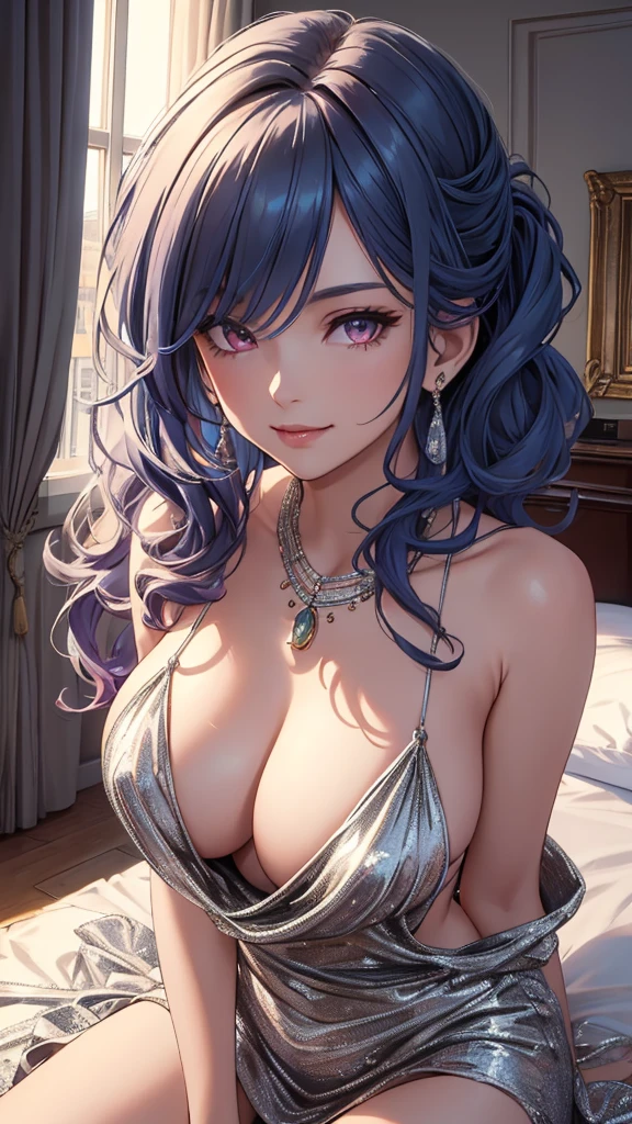 (((masterpiece, best quality, high resolution, 8k))), (((one beautiful woman))), St. Louis (Luxury Wheels) \(Azur Lane)), hi-res, top quality, figure, cinematic light, super detailed, detailed face, (shining clear fine eye, highlight on eyes), top quality, super detailed, masterpiece, (detailed face beautiful smile), large breasts, hairpiece, earrings, necklace, portrait, silver dress, revealing High-Definition Clothes, Best Detail, Glowing Eyes, (Hotel:1.2), Sitting in Bed, Sitting, Bed, Window, Night Sky, Backlight, Rays of Light, (High Contrast), (Colorful),
