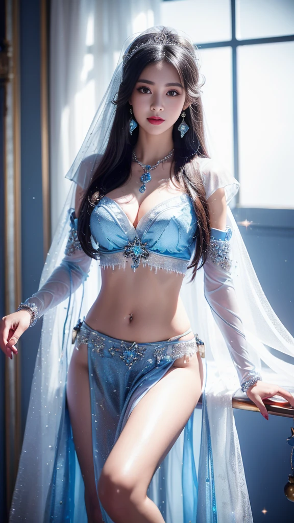 4K, UHD, masterpeice, 1 girl, good face, happy face, ((white skin)), detailed eyes, detailed lipstick, very long hair, straight hair, very long hair, beautiful hair, hair ornaments, hairband, gradient hair, ((blue stocking)), ((princess clothing)), ((decorated clothing)), ((sardine)), ((sparkle clothing)), ((blue lace)), ((diamond bracelet)), ((pendant)), navel, ((ornaments:1.5)), necklace, earring, high lighting, ((in the wedding stage)), fujicolor, depth of field, ray tracing, ultra realistic detailes,