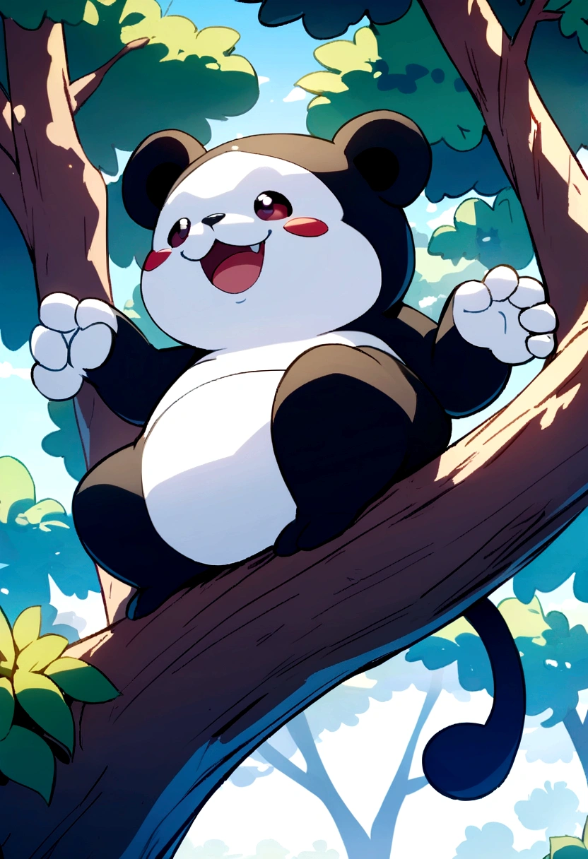 Pancham pokemon sitting on a tree