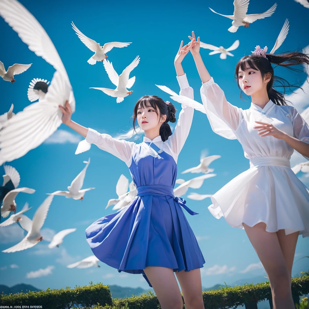 「Three Korean beauties perform synchronized dance、Surreal and dreamlike environments。The scene captures their choreography with bird's-eye views and wide shots.、It's harmonious and smooth。The lighting is blue and purple、It enhances the dreamlike atmosphere of this scene.。」