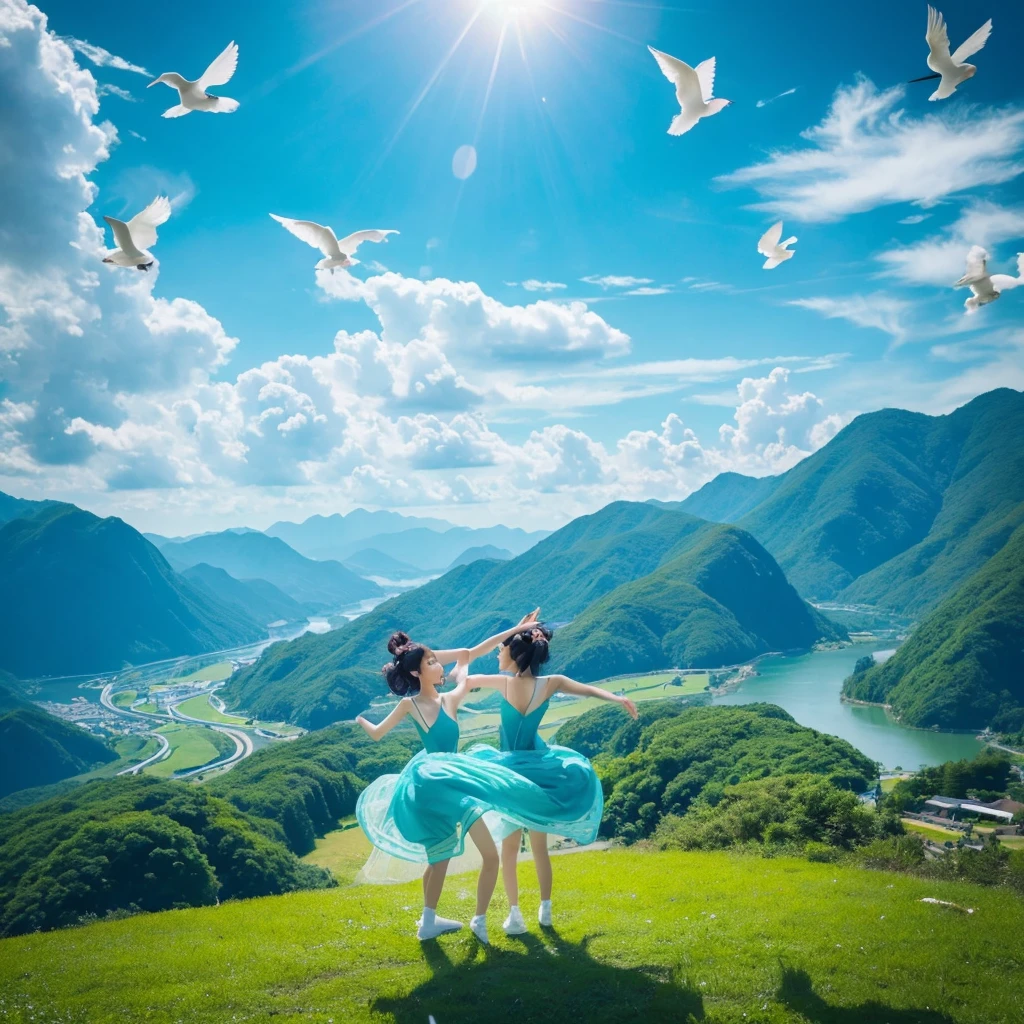 「Three Korean beauties perform synchronized dance、Surreal and dreamlike environments。The scene captures their choreography with bird's-eye views and wide shots.、It's harmonious and smooth。The lighting is blue and purple、It enhances the dreamlike atmosphere of this scene.。」