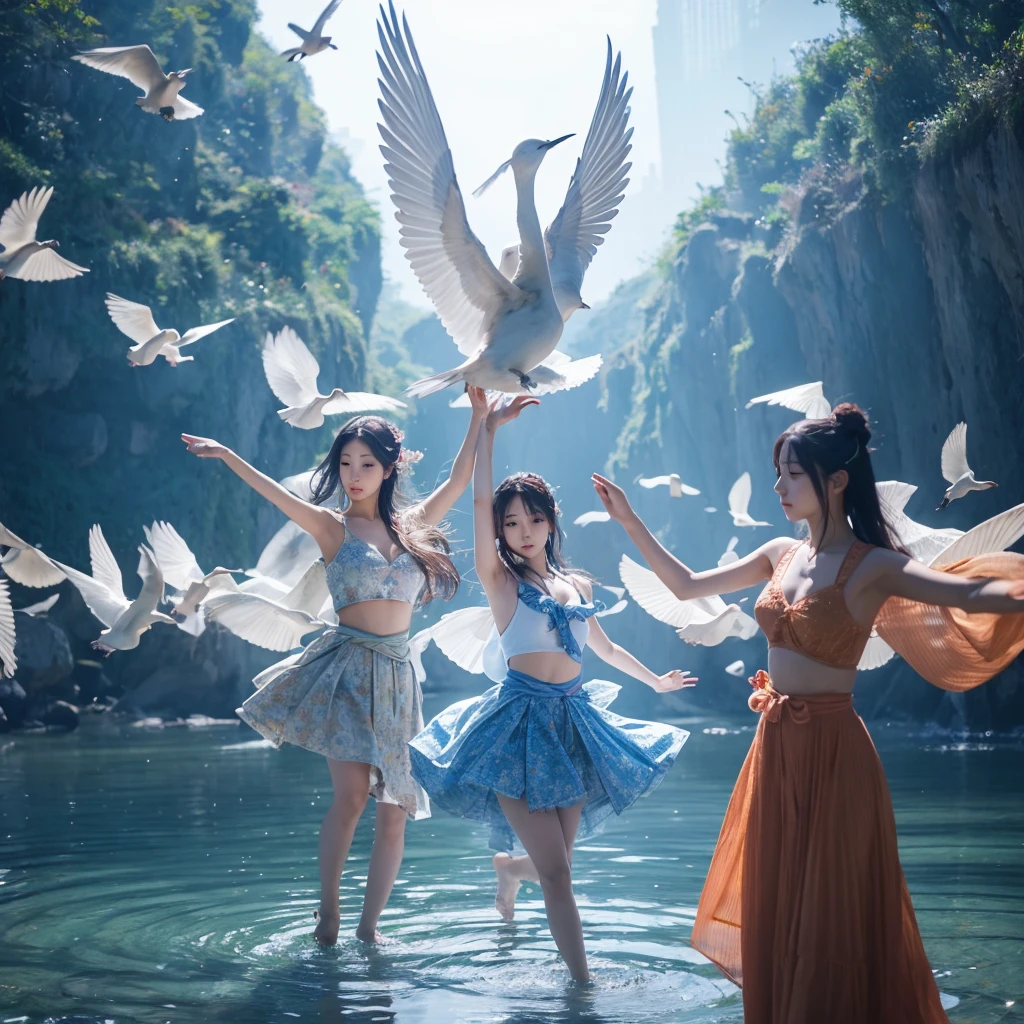 「Three Korean beauties perform synchronized dance、Surreal and dreamlike environments。The scene captures their choreography with bird&#39;s-eye views and wide shots.、It&#39;s harmonious and smooth。The lighting is blue and purple、It enhances the dreamlike atmosphere of this scene.。」