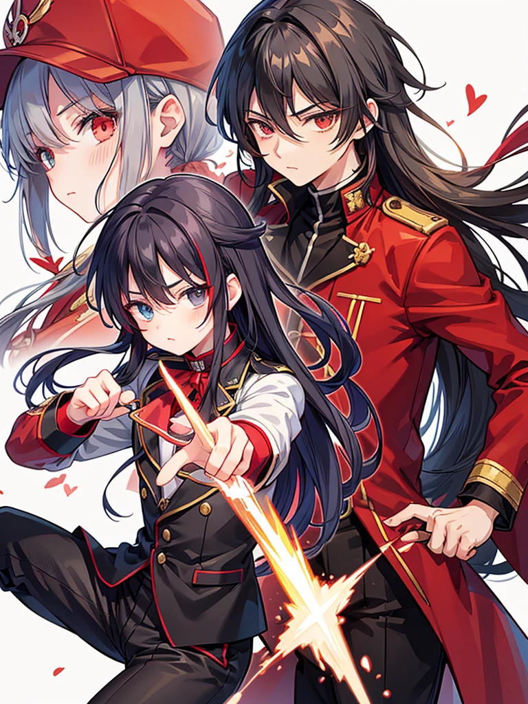 a close up of a teen boy in a uniform holding a gun, red uniform, anime style, anime moe artstyle, wearing a red captain's uniform, handsome androgynous prince, detailed anime character art, high quality anime artstyle, anime boy with long hair, gray undershirt, red tuxedo suit with silver and black highlights, suit with red and silver flame shaped cloak, anime boy in a red suit pointing at the camera, anime cover, anime style like fate/stay night, hijikata toushirou, by Jin Homura, handsome anime pose, yandere, yandere. tall, anime visual of a cute girl, inspired by Munakata Shikō, anime moe artstyle, black hair with red tips, long hair, heterochromia left is red, right is bright yellow