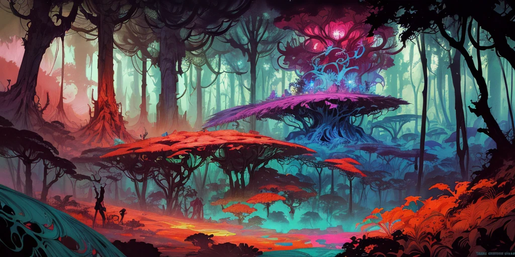 surreal lush forest mixed media, a (Paul Lehr Bernie Fuchs) magical fantasy designed, vivid colours, cryptic, mystical, flowing organic pop surrealism by james jean, roby dwi antono, ross tran, steven kenny, paul neberra, ashley wood, atmospheric, trending on artstation. 8 k masterpiece, fluid, filigree, smoke,