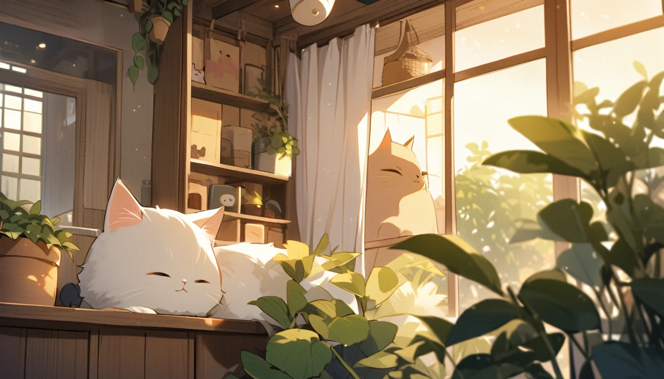 At the window where the soft light shines in、A cute cat with fluffy fur is sleeping。There are plants and small items around the cat.、The overall atmosphere is warm and relaxed。The cat's expression is very calm.、He looks like he's dreaming.。In the background, a cafe-like scene emanates a Lo-Fi music vibe.。