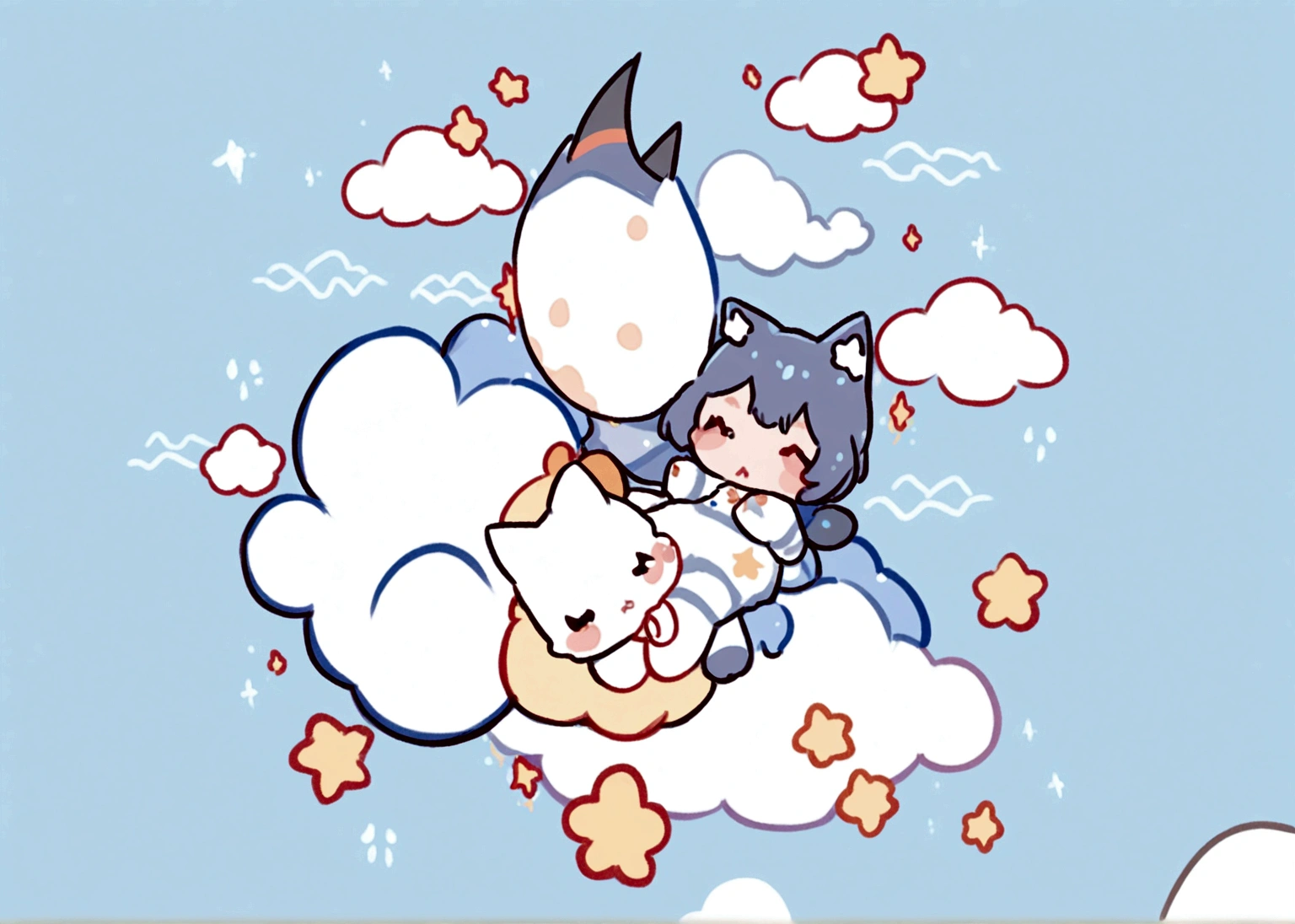 A cute kitten napping on clouds