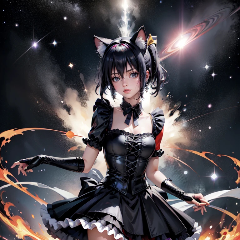 1girl, black maid dress, jewelry, dark blue hair, flowing hair, heterochromia, short hair, black maid dress with a short skirt and layers, black laces, black boots, black dress with transparency, gold details on her clothes, cat ears, animal ears,  more details, perfectly body, perfectly hands, two hands, two legs, two arms, five fingers, glowing hair, best quality, hat, cat ears, tail ornament, tail bow, black gloves, two cat tail, black gloves, alone, maid headdress, choker, detached sleeves, maid dress, maid black dress, strapless, masterpeice, best quality, detailed face, night, asymmetrical gloves, bangs, black short skirt , black gloves, black boots, earrings, elbow gloves, fishnet thighhighs, fishmasterpeice, solo, best quality, detailed face, gloves, hair between eyes, jewelry, looking at viewer, single earring, sky, sleeveless, solo, thigh boots, thighhighs, tongue, tongue out, uneven gloves, solo, alone, Looking at the viewer, More details on the clothes, magenta roses on her hair, space scenery, maid, maid dress, magenta details, magenta roses, maid headdress, maid apron, wave hair, seat on the Saturn rings, more details on her clothes, gold details on her clothes, space, smiling, standing her hand to a viewer, looking at the viewer, in the background a several asteroids glowing with fiery auras, Dramatic lighting from distant stars and planets illuminates the scene, looking at the vast and mysterious universe, cowboy shot, upper body portrait, more details, sparkle,