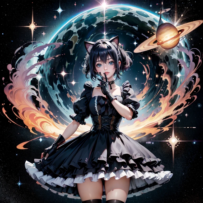 1girl, black maid dress, jewelry, dark blue hair, flowing hair, heterochromia, short hair, black maid dress with a short skirt and layers, black laces, black boots, black dress with transparency, gold details on her clothes, cat ears, animal ears,  more details, perfectly body, perfectly hands, two hands, two legs, two arms, five fingers, glowing hair, best quality, hat, cat ears, tail ornament, tail bow, black gloves, two cat tail, black gloves, alone, maid headdress, choker, detached sleeves, maid dress, maid black dress, strapless, masterpeice, best quality, detailed face, night, asymmetrical gloves, bangs, black short skirt , black gloves, black boots, earrings, elbow gloves, fishnet thighhighs, fishmasterpeice, solo, best quality, detailed face, gloves, hair between eyes, jewelry, looking at viewer, single earring, sky, sleeveless, solo, thigh boots, thighhighs, tongue, tongue out, uneven gloves, solo, alone, Looking at the viewer, More details on the clothes, magenta roses on her hair, space scenery, maid, maid dress, magenta details, magenta roses, maid headdress, maid apron, wave hair, seat on the Saturn rings, more details on her clothes, gold details on her clothes, space, smiling, standing her hand to a viewer, looking at the viewer, in the background a several asteroids glowing with fiery auras, Dramatic lighting from distant stars and planets illuminates the scene, looking at the vast and mysterious universe, cowboy shot, upper body portrait, more details, sparkle,