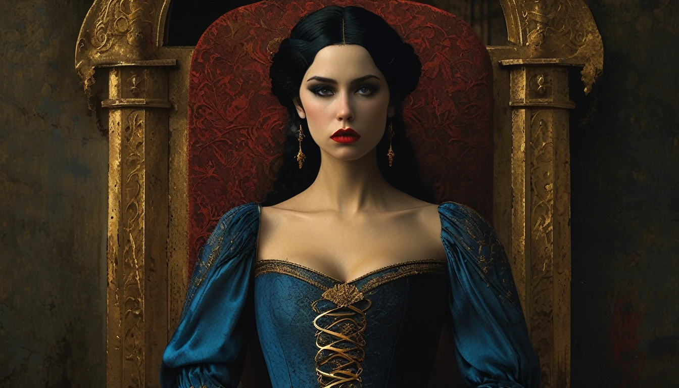 (((medieval style))), image of a princess in a blue dress suffocating, Bill Henson, wearing a super tight corset with bleeding lips, super detailed golden eyes, blood red lips, black hair, super detailed 4k, graphics engine Unreal 5