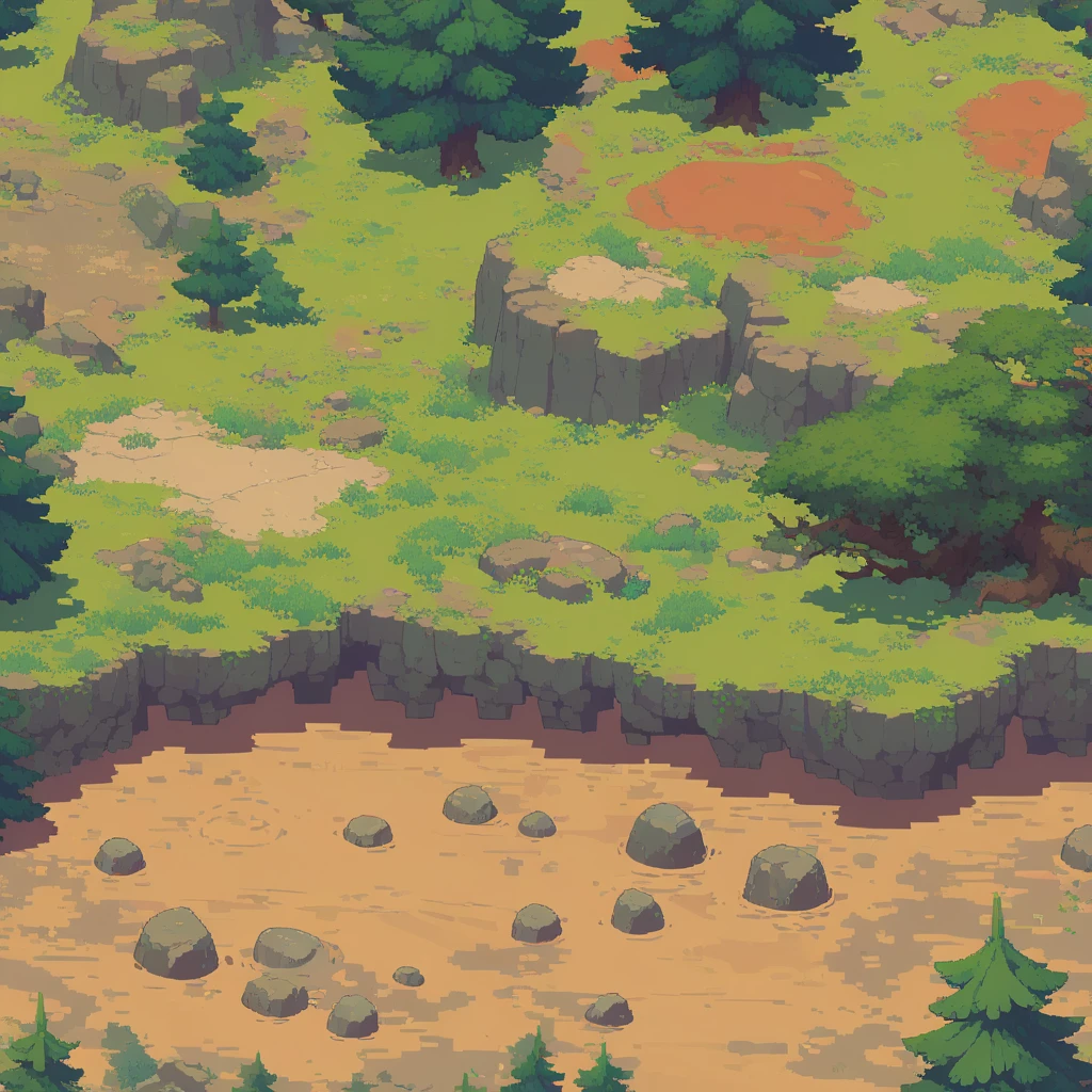 retro video game style,pixelated vibran colors,8-bit characters,blocky shapes,sharp lines,detailed shading,classic gaming vibe,nostalgic atmosphere,classic arcade games,masterpiece:1.2,ultra-detailed,illustration style, 2d texture, stone texture, 4 k seamless mud texture, video game texture, dirt texture, game tileset, grass, 3/4th perspective trees, cliff formation game tileset, cliff texture game tileset, 3/4th perspective forest, topdown view, game texture, game art, dirt, , tileable texture, top down view, 3/4th perspective