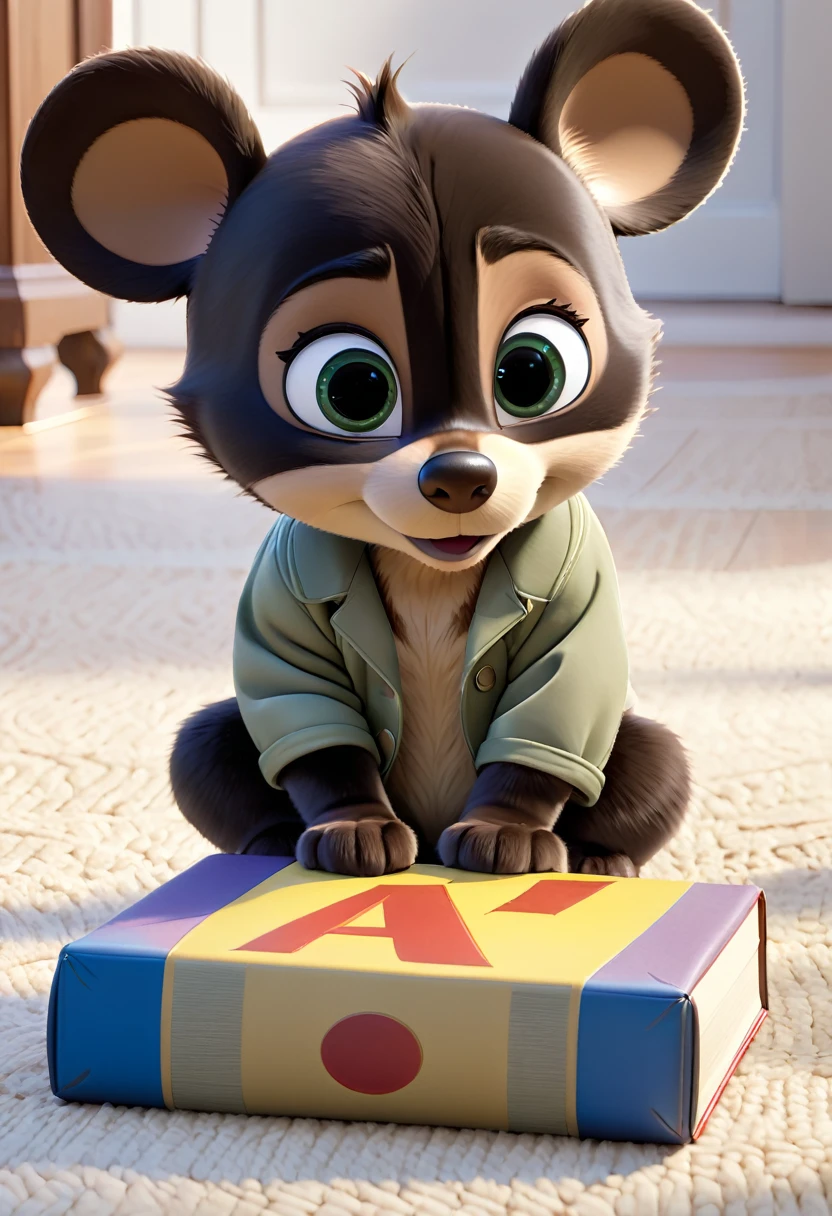 create a 4k image, 3d, like letters from disney pixar cartoons of a 6 month old boy, blacksad. sitting on the floor, usando fantasia do Mickey mouse}!