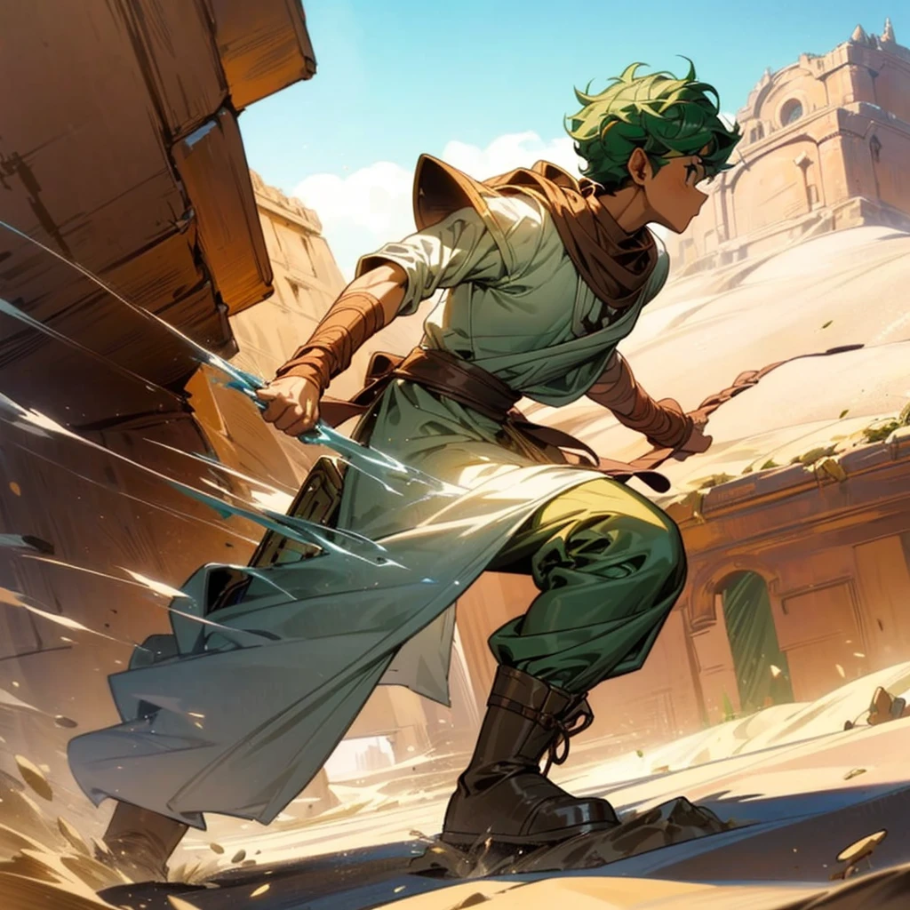 1boy, Full body version, 1character, (sand wanderer), brown eyes color, dark skin, (Curly cut hairstyle), small eyes type, green colour hair, doctor ancient roman clothing style, white color clothing, dark green robe, Ancient roman boots, armor vest, sands in two hand, Grassroots background in desert, (battle, battle gesture, battle poses, view character on small, He a sand wanderer, he controls sand with his hands, he fights enemies with sand, enemies, bandits, Fighting, intense battles, fighting in desert, Dynamic Pose, Motion Blur, emphasis lines, sparks, plasma, aura)
