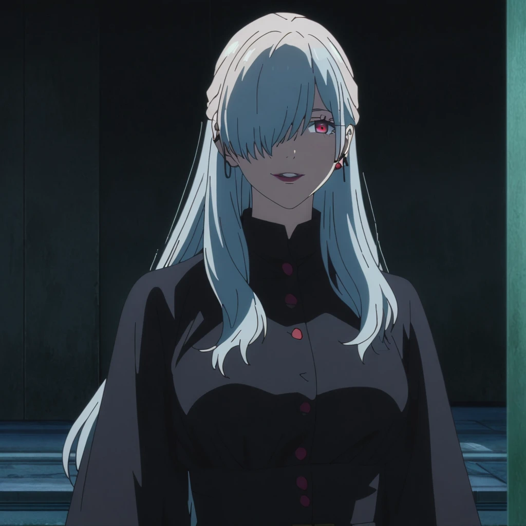 1girl, female gojo satoru, anime screencap from jujutsu kaisen, gojo satoru female version, solo, long_hair, Red eyes (silver_hair)), night view, (hanging breasts) upper_body, smile, indoors, book, red_eyes, lips, (high ponytail) ((wearing black colour clothes with button)) breast, "very detailed and high resolution" (Red eyes) (cross arms)  ((long hair, hair over one eyes)) ((solo)) (front view) (earings) ((high resolution)) ((good quality)) ((side bangs))
